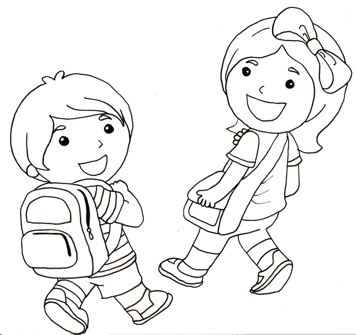 Two Kids Heading Back to Preschool coloring page to print