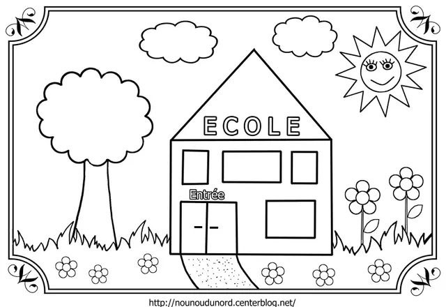 Coloriage Rentrée Maternelle École Paysage - Maternelle à imprimer