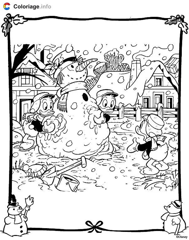 Huey, Dewey, and Louie Building a Snowman coloring page to print