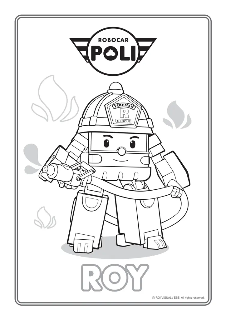 Ausmalbild Roy von Robocar Poli als Feuerwehrmann zum Ausdrucken