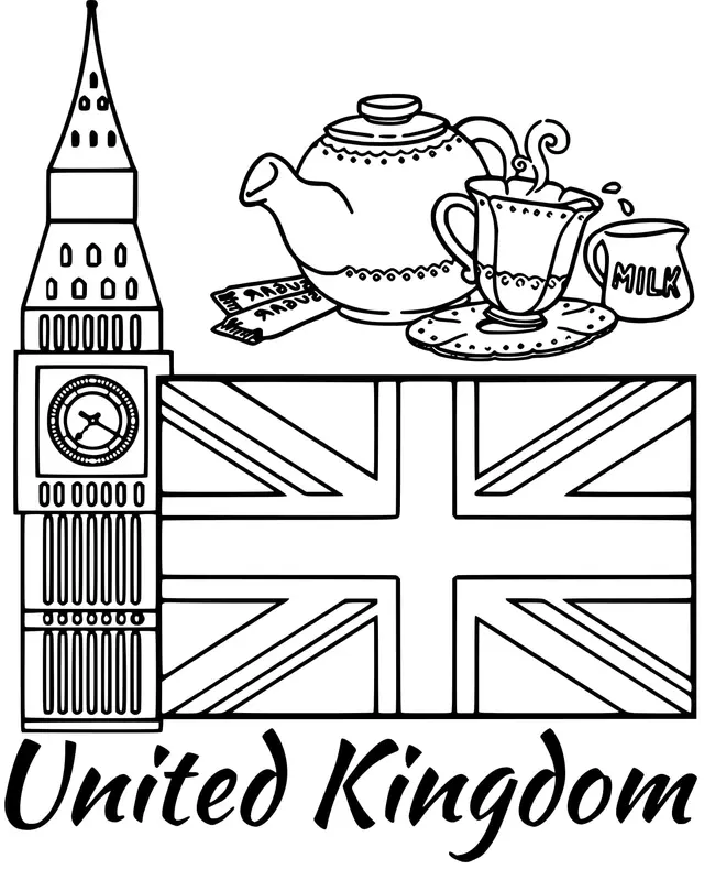Coloriage Royaume Uni Drapeau Big Ben - Drapeau à imprimer