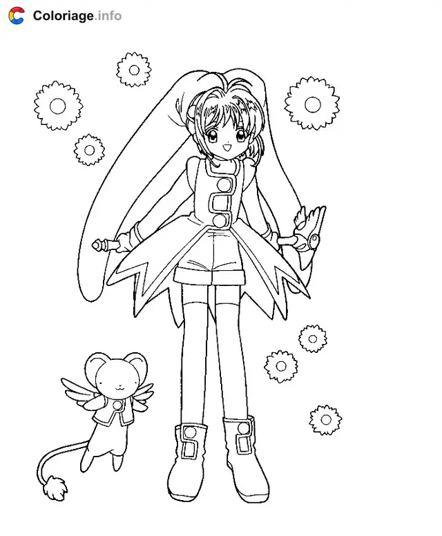 Coloriage Sakura en action avec son lasso magique - Sakura à imprimer