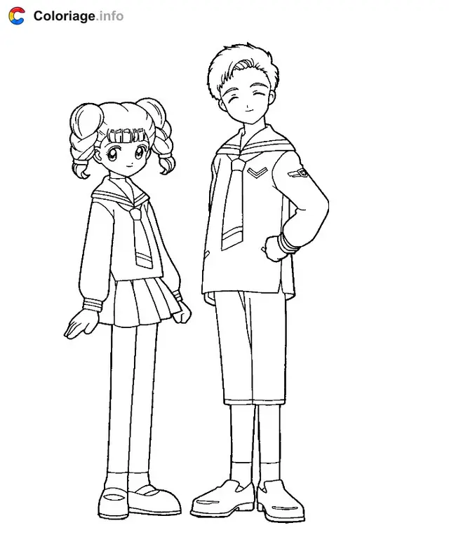 Coloriage Sakura et son ami en uniforme scolaire - Sakura à imprimer