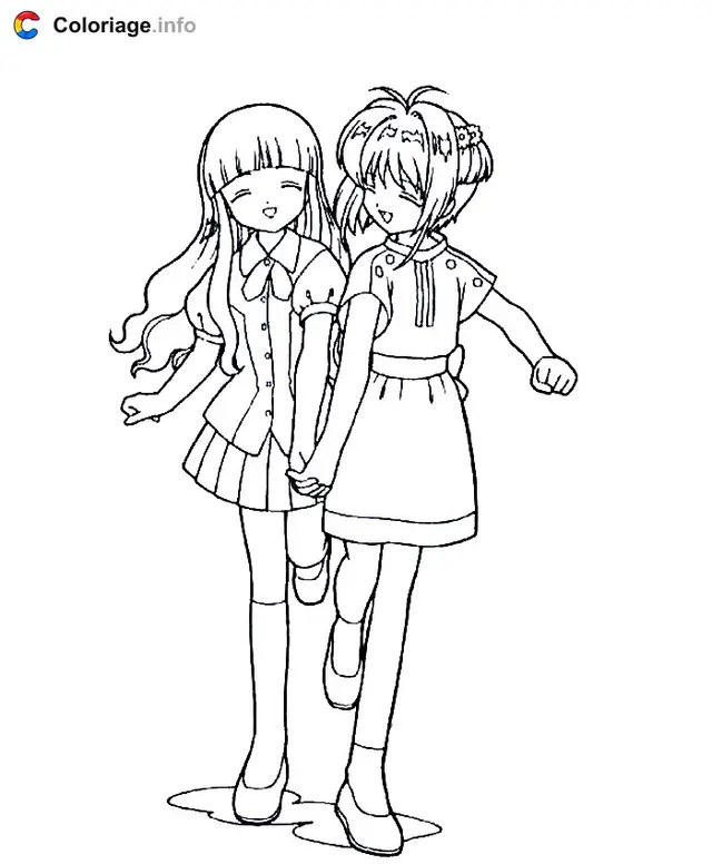 Coloriage Deux jeunes filles amies se tenant la main - Sakura à imprimer