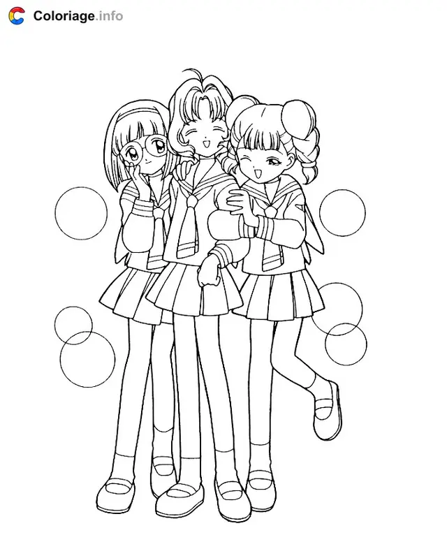 Coloriage Sakura et ses amies entourées de pétales - Sakura à imprimer