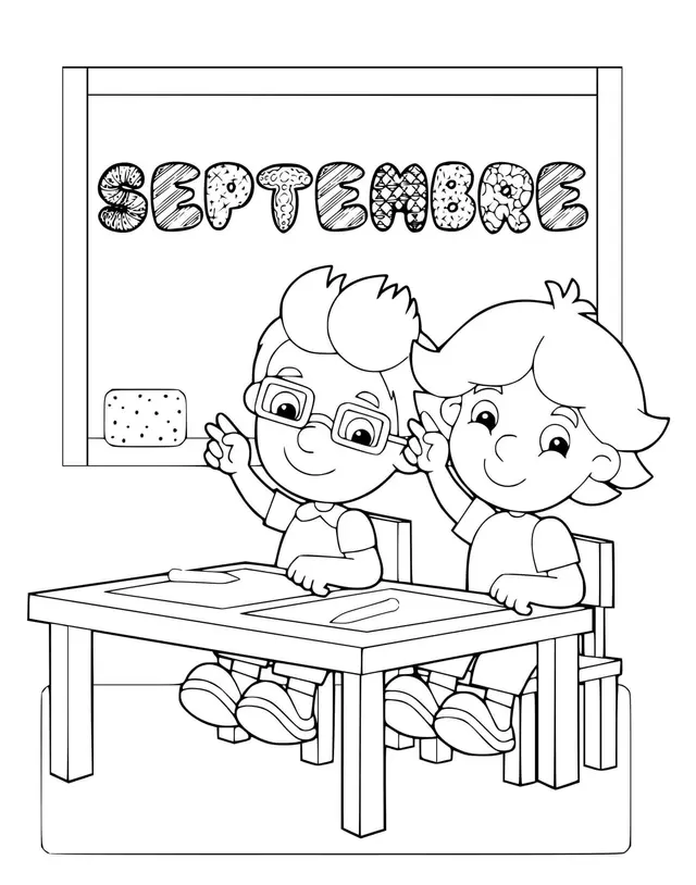 Coloriage Septembre Etudiants École Maternelle Fille Garçon - Septembre à imprimer