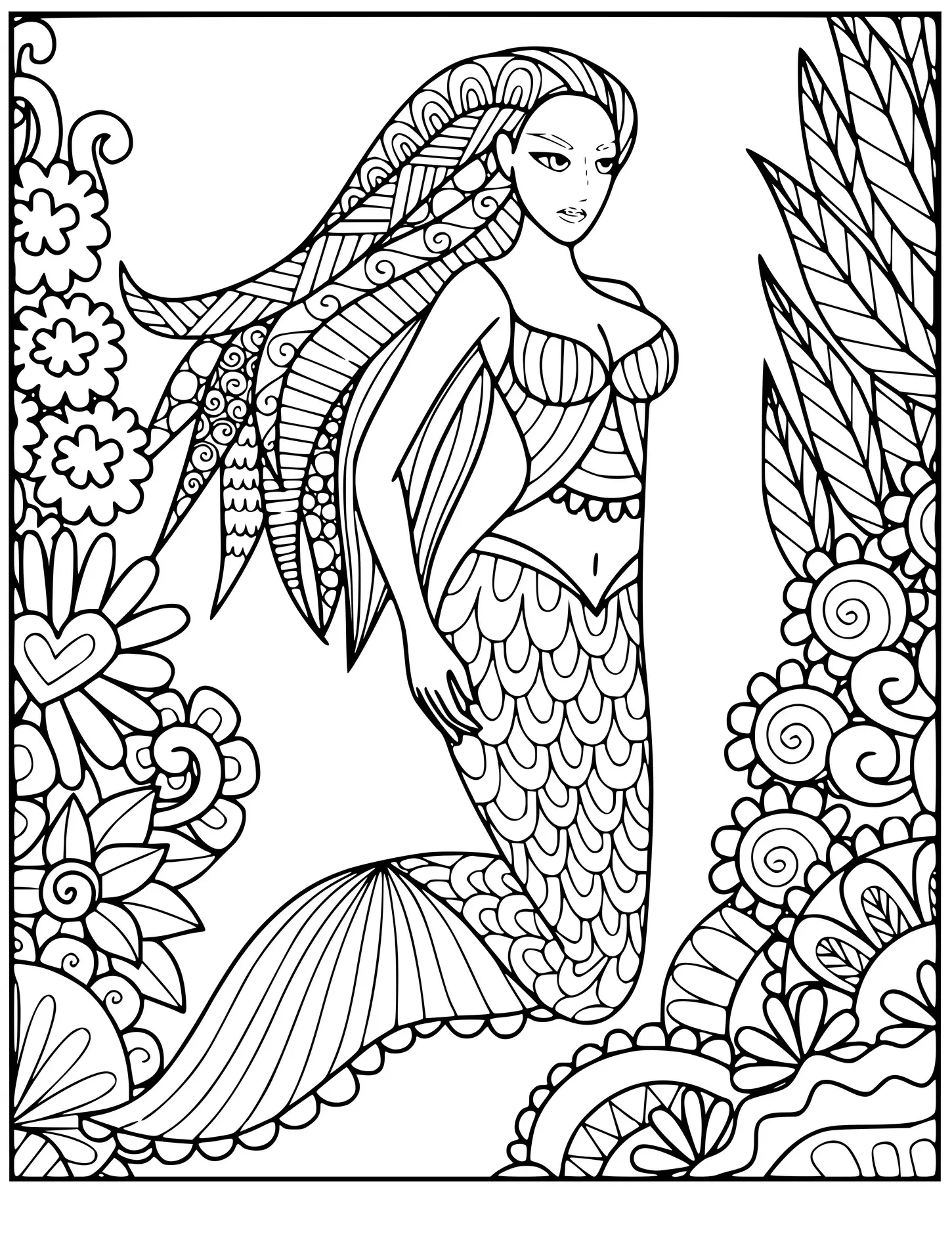 Coloriage Sirène Dans La Mer Avec La Vegetation - Sirène à imprimer