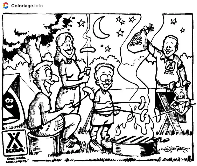 Coloriage Soirée barbecue au camping - Camping à imprimer