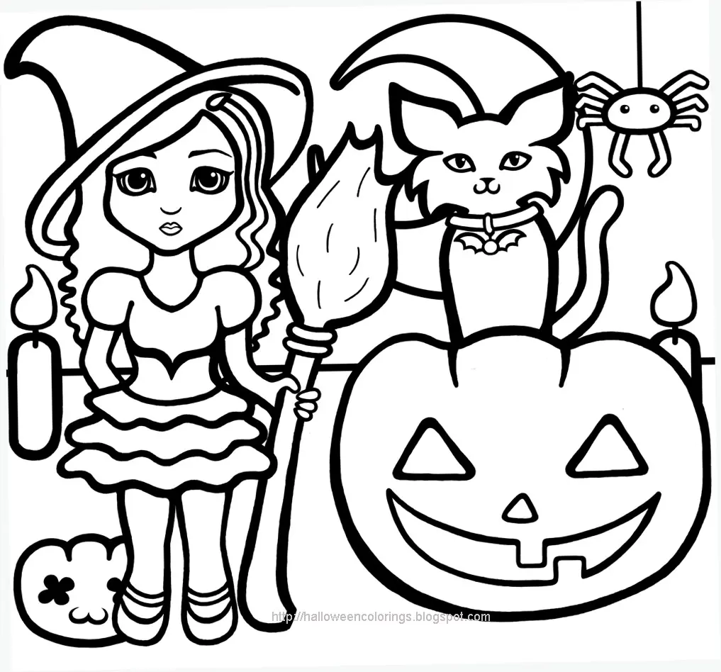 Coloriage Sorcière Citrouille Chat Noir Lune Chandelle - Halloween à imprimer