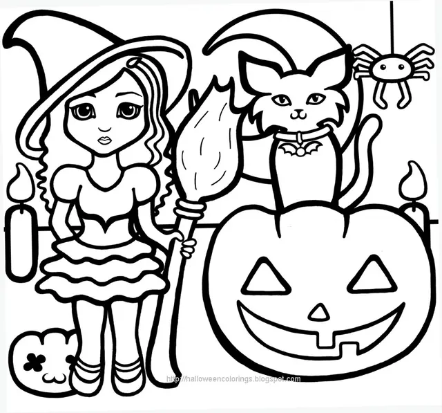 Coloriage Sorcière Citrouille Chat Noir Lune Chandelle - Halloween à imprimer