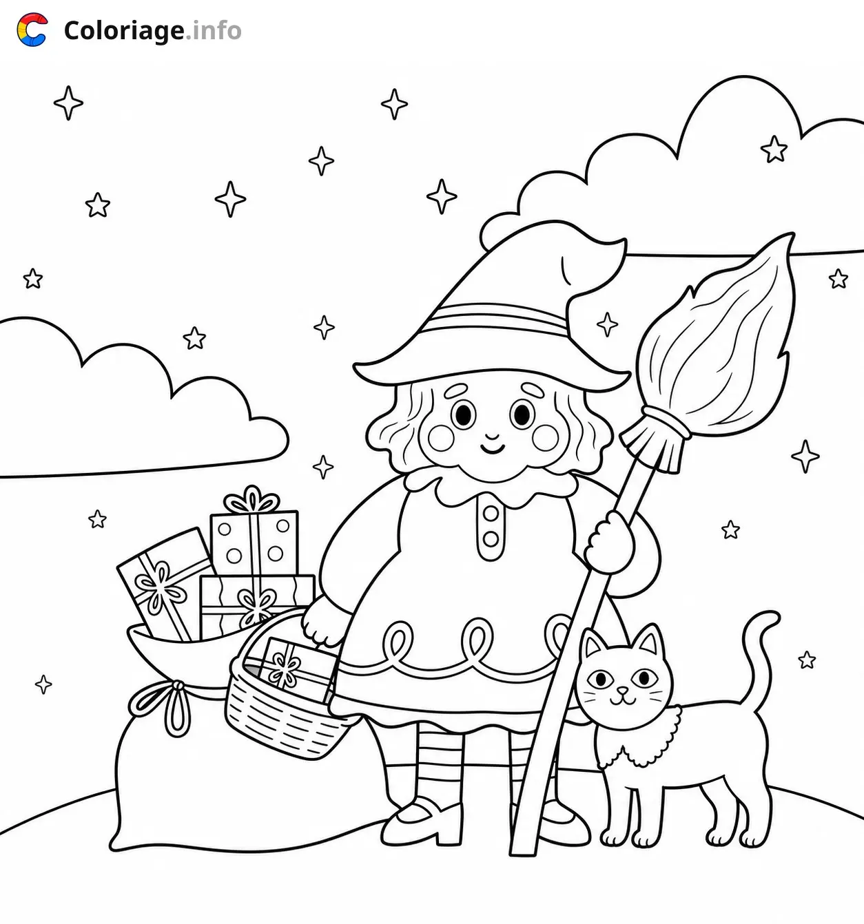 Disegno di La Befana strega con il suo gatto magico – La Befana – da stampare
