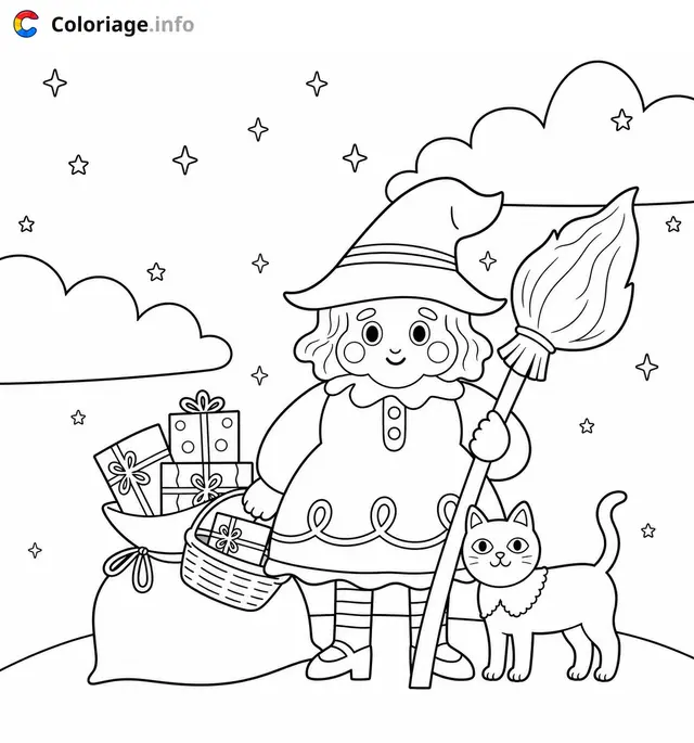 Desenho de Bruxa mágica com seu gato - A Befana para colorir