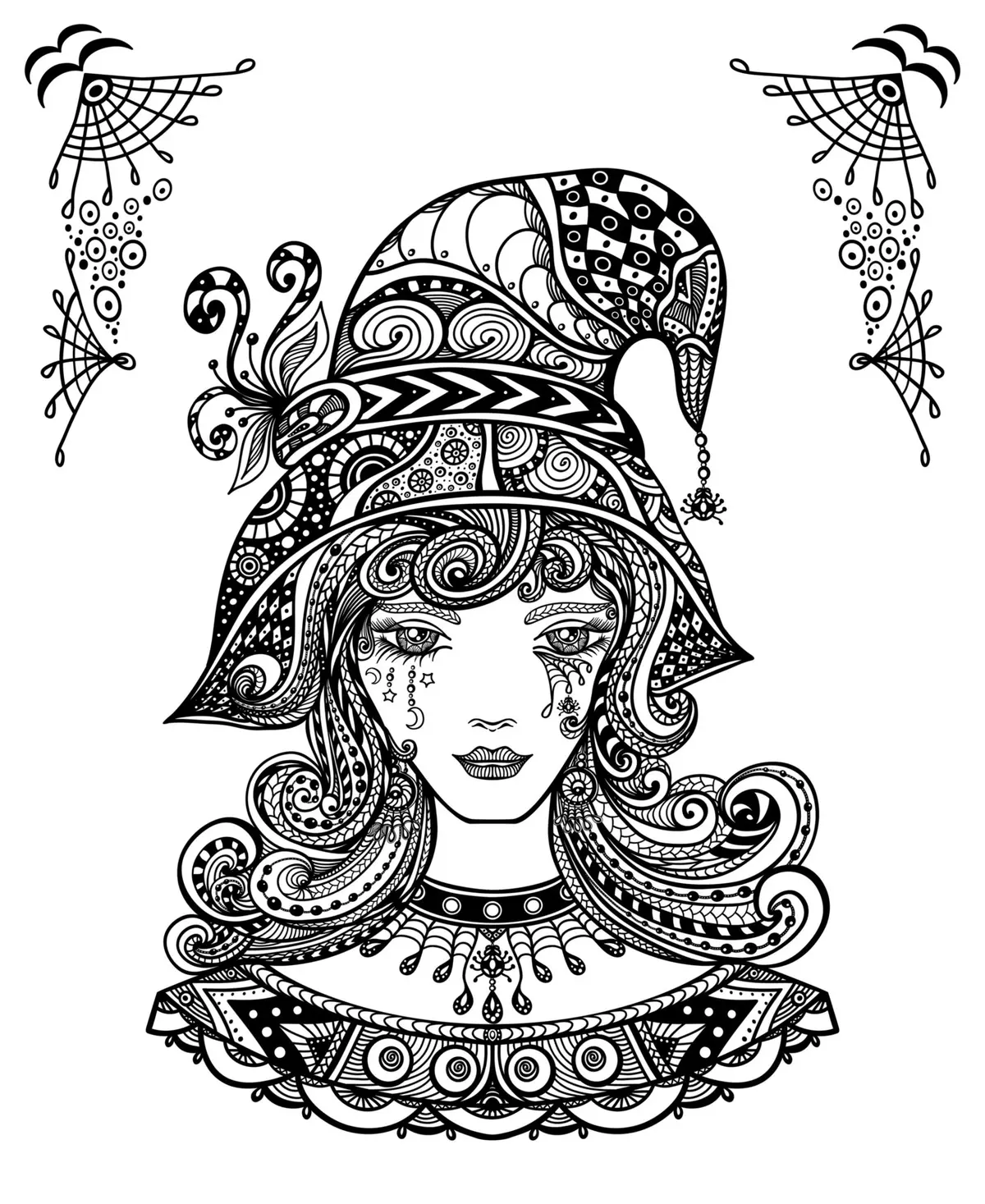 Desenho de Bruxa Zentangle para Adulto Difícil Halloween para colorir