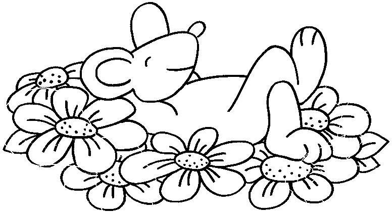 Coloriage Souris Allongee Sur Des Fleurs - Souris à imprimer