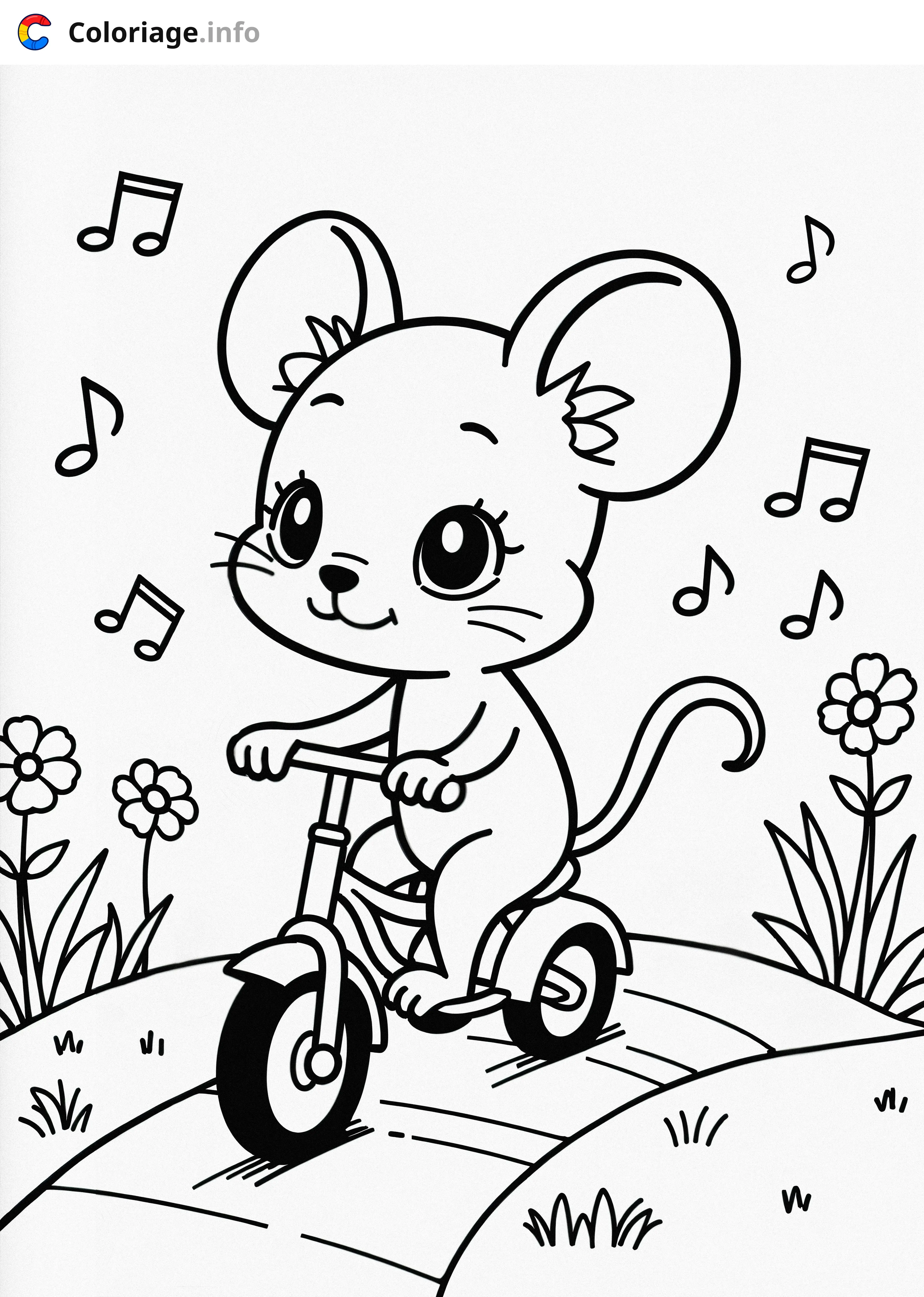 Coloriage Souris joyeuse à tricycle avec des notes de musique - Musique à imprimer