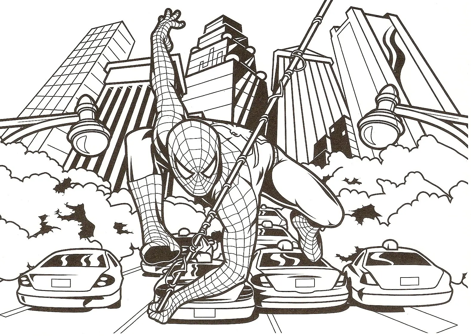 Coloriage Spider Man Au Centre Ville Sur Des Voitures - Spiderman à imprimer