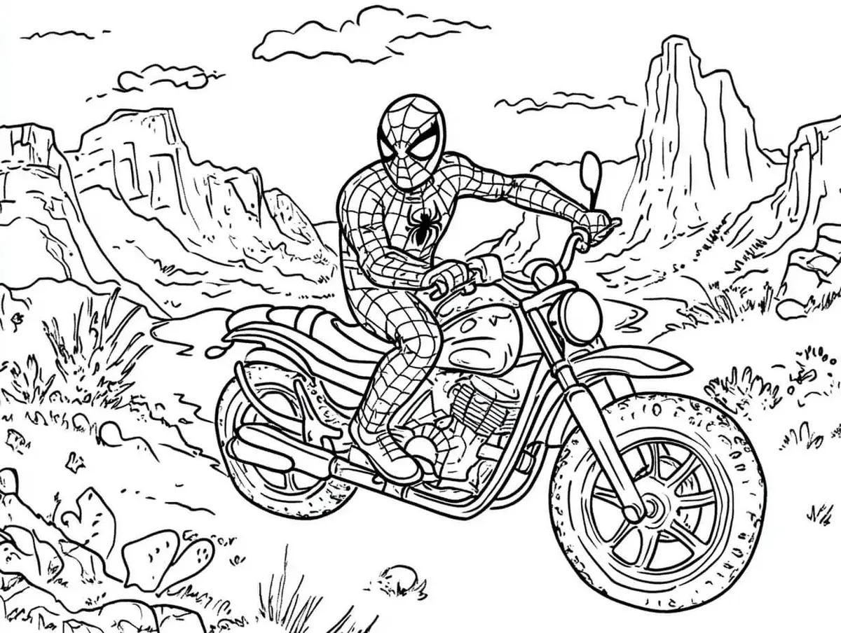 Ausmalbild Spider-Man auf dem Motorrad durch die Wüste zum Ausdrucken