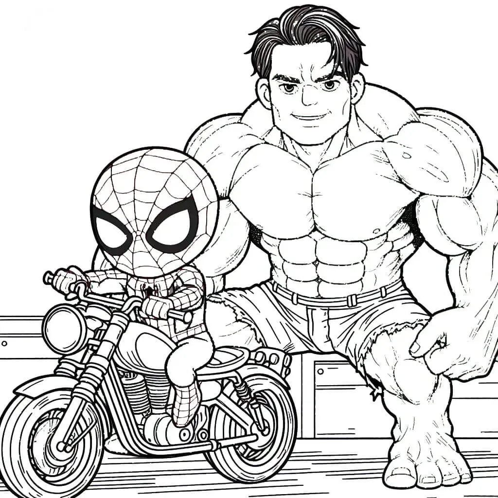 Coloriage Spider Man Et Un Homme Muscle En Moto - Moto Spiderman à imprimer