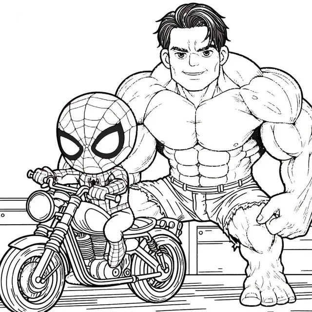 Kleurplaat Spider-Man en een gespierde man op een motor om te printen