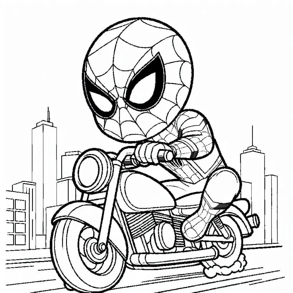Ausmalbild Spider-Man auf einem Motorrad in der Stadt zum Ausdrucken
