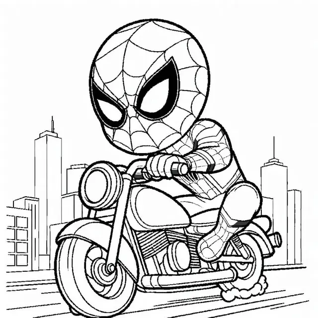 Kleurplaat Spider-Man op een motor door de stad om te printen