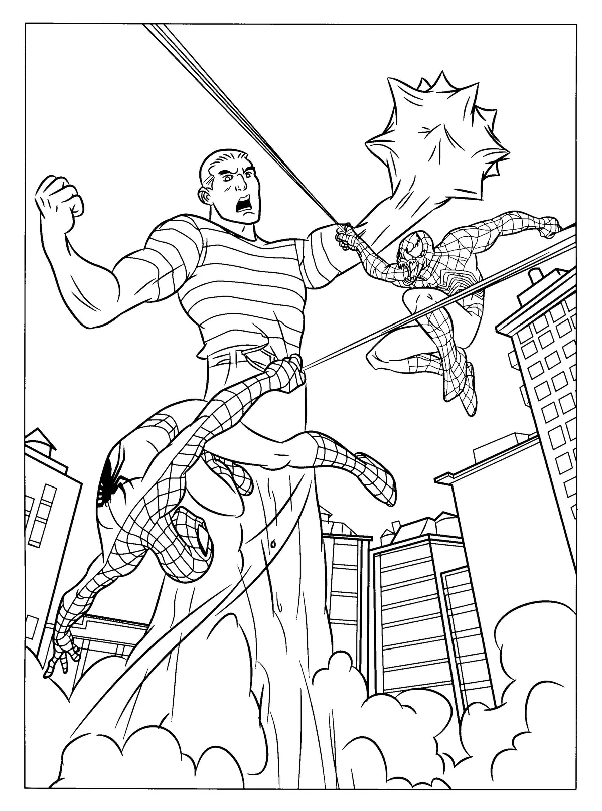 Ausmalbild Spider-Man im Kampfeinsatz zum Ausdrucken