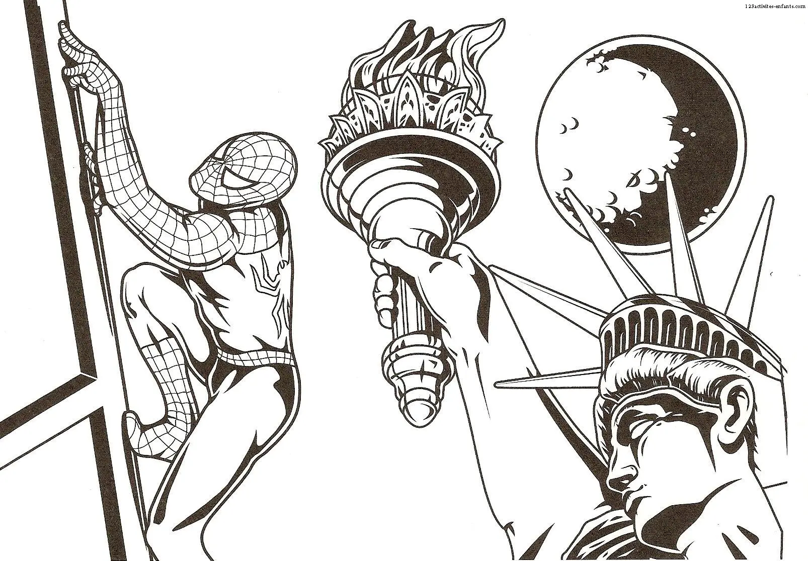 Coloriage Spiderman Dans La Ville De Newyork Avec La Status De La Liberté - Spiderman à imprimer