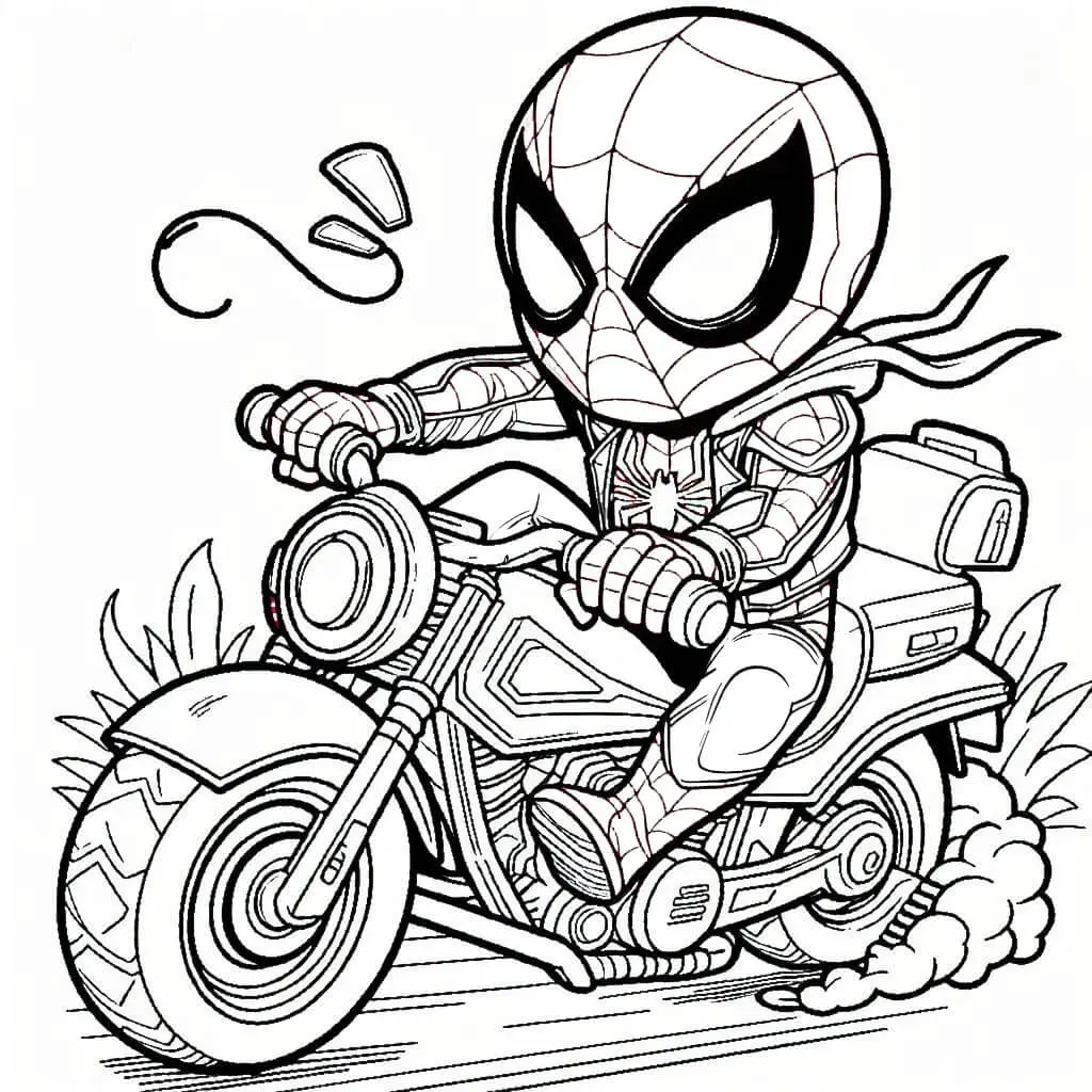 Ausmalbild Spider-Man auf einem schnellen Motorrad zum Ausdrucken