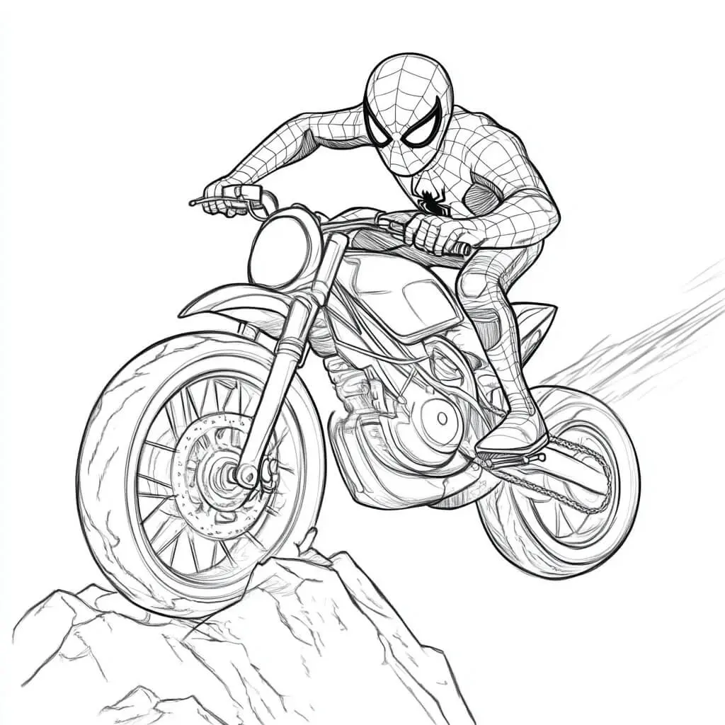 Ausmalbild Spider-Man in Aktion auf seinem Motorrad zum Ausdrucken