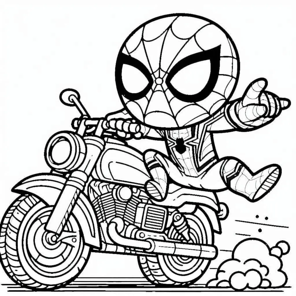 Ausmalbild Spiderman auf dem Motorrad in Action zum Ausdrucken