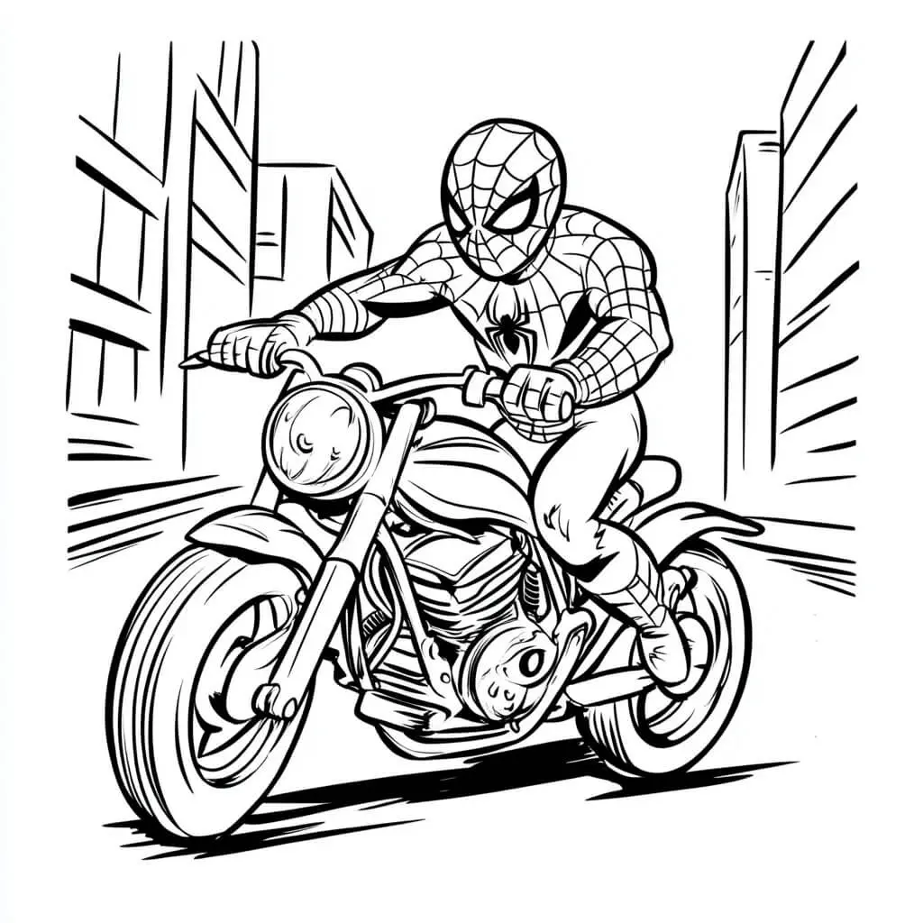 Kleurplaat Spiderman op motor door de stad om te printen