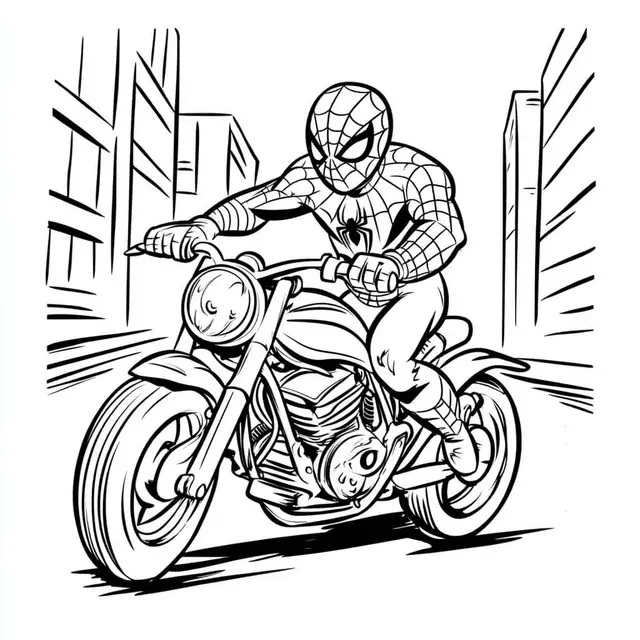 Kleurplaat Spiderman op motor door de stad om te printen