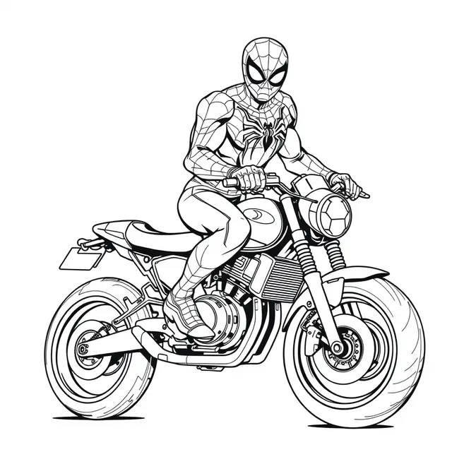 Kleurplaat Spiderman op een moderne motor om te printen