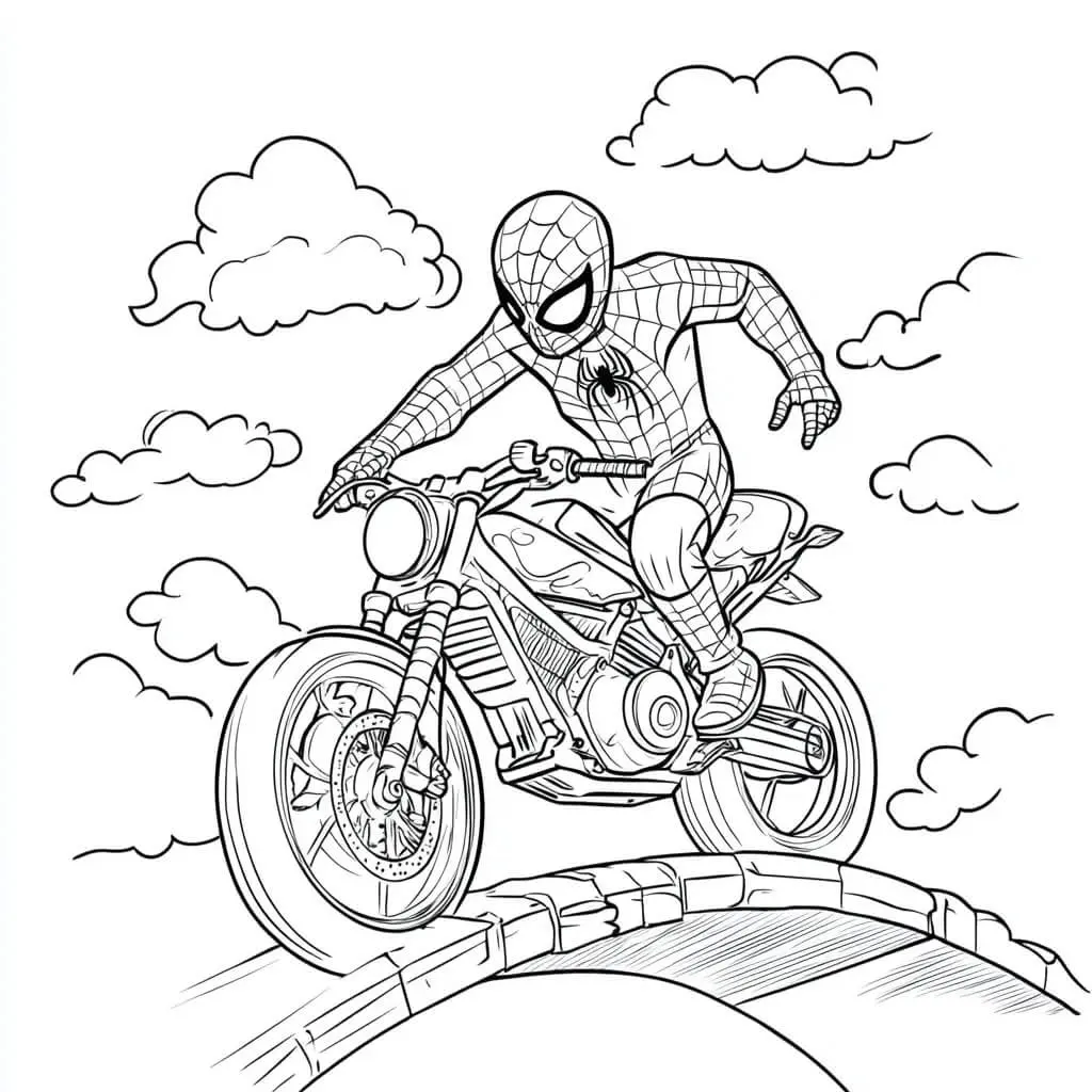 Kleurplaat Spiderman op een motor over een brug om te printen