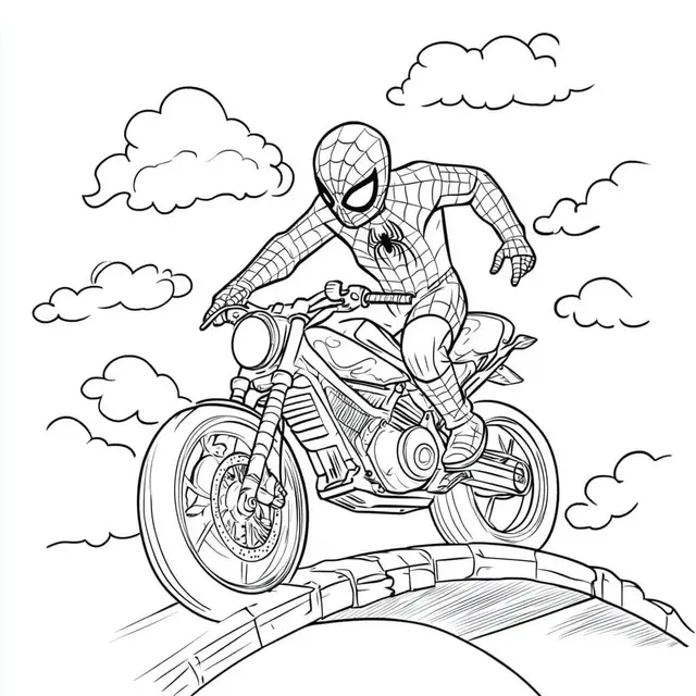 Kleurplaat Spiderman op een motor over een brug om te printen