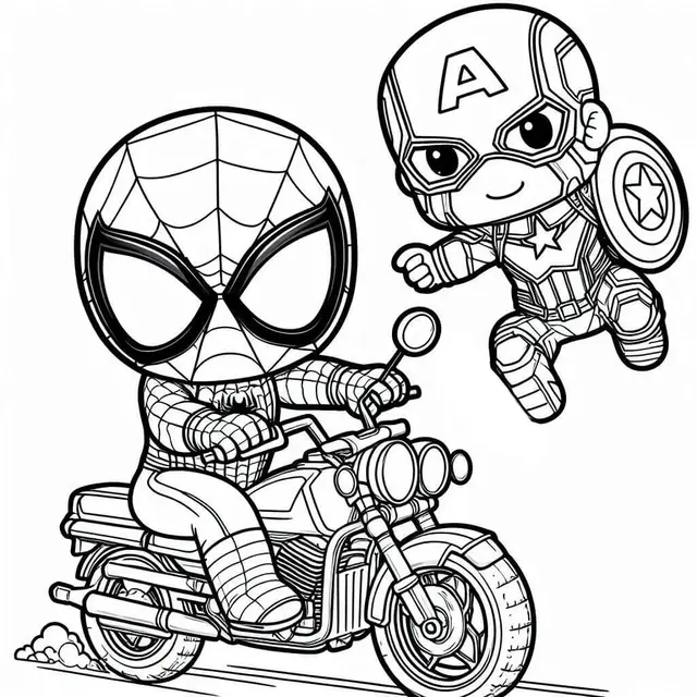 Kleurplaat Spiderman en Captain America op motor in actie om te printen