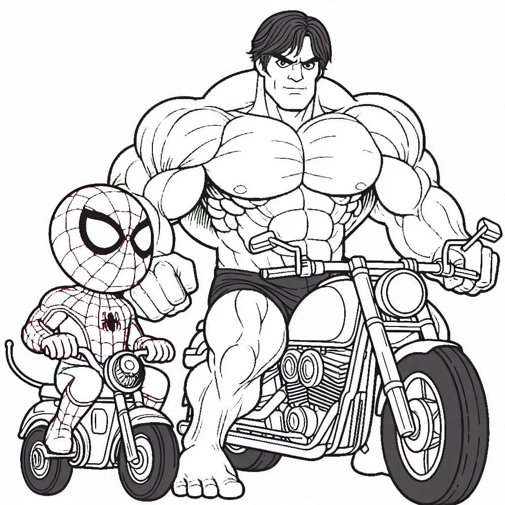 Kleurplaat Spiderman en Hulk op de motor om te printen