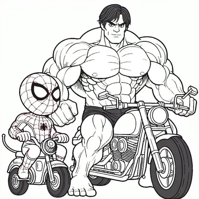 Kleurplaat Spiderman en Hulk op de motor om te printen