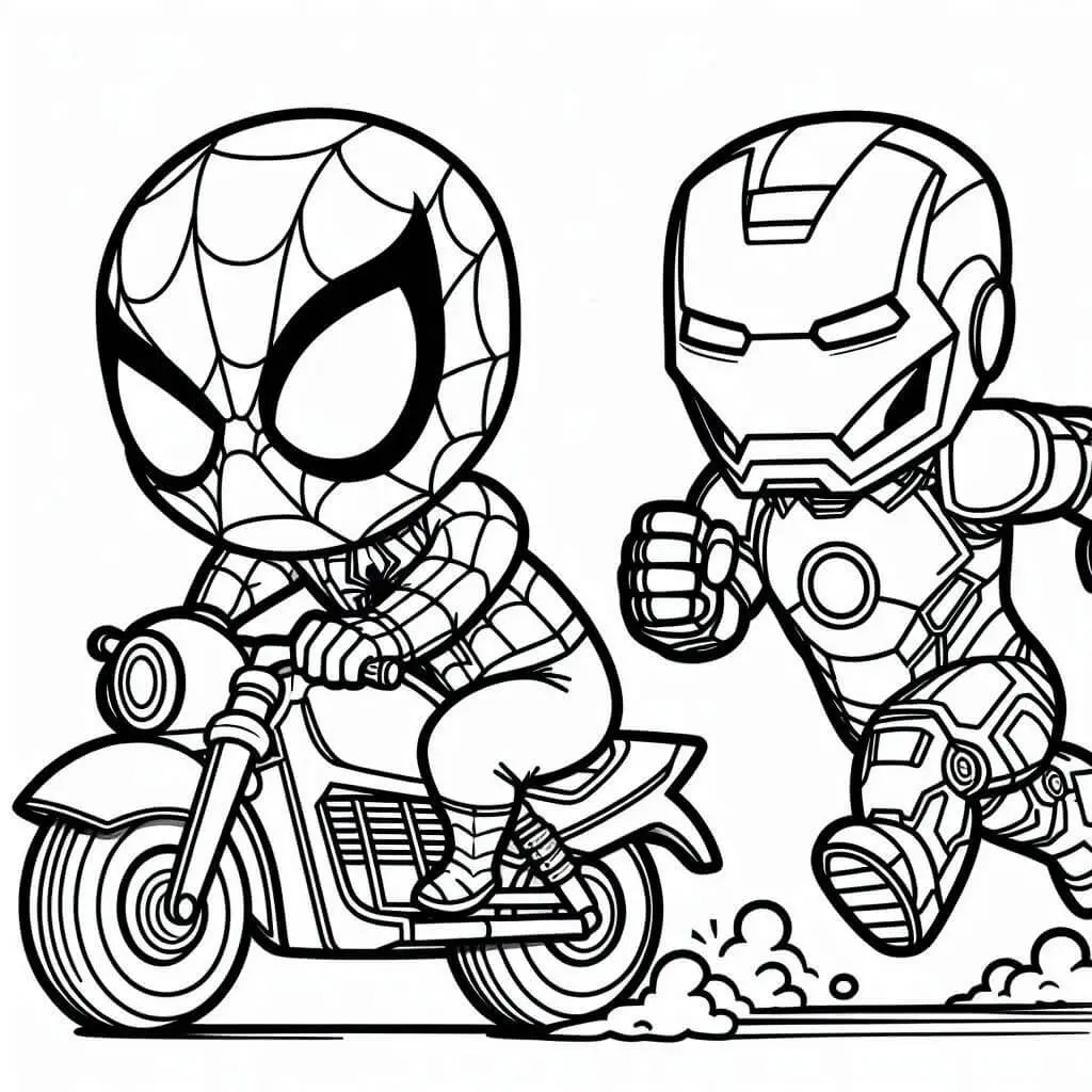 Kleurplaat Spiderman en Iron Man racen op motoren om te printen