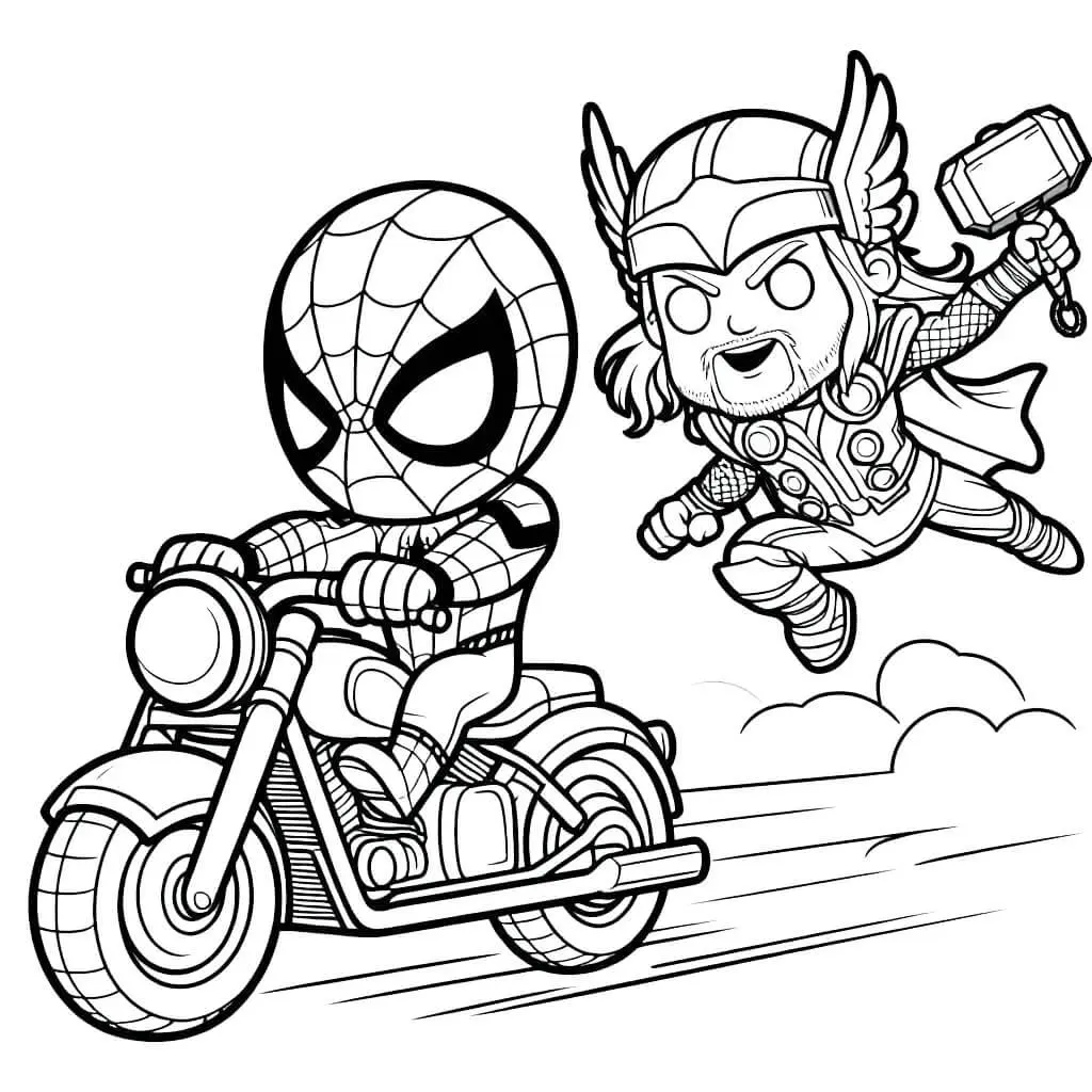 Kleurplaat Spiderman en Thor in actie op een motor om te printen