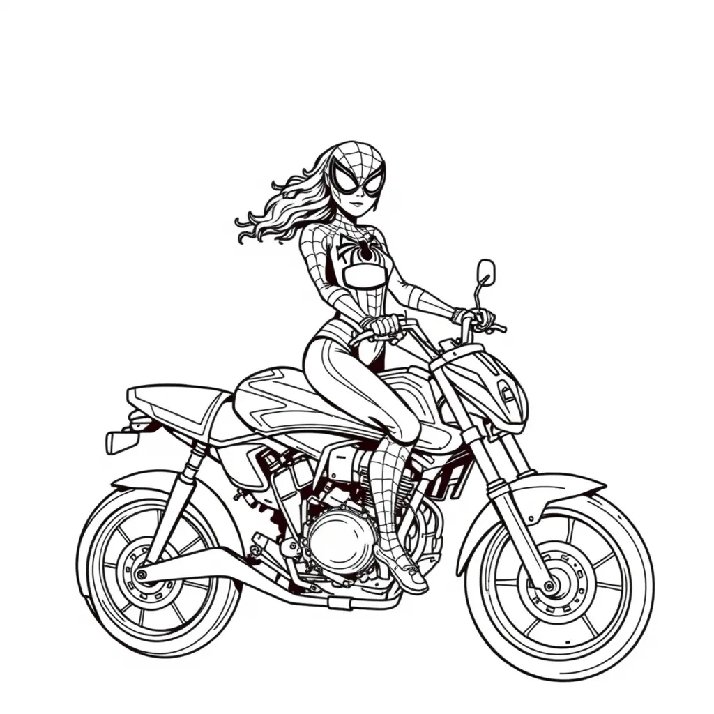 Ausmalbild Spiderman-Frau auf dem Motorrad zum Ausdrucken