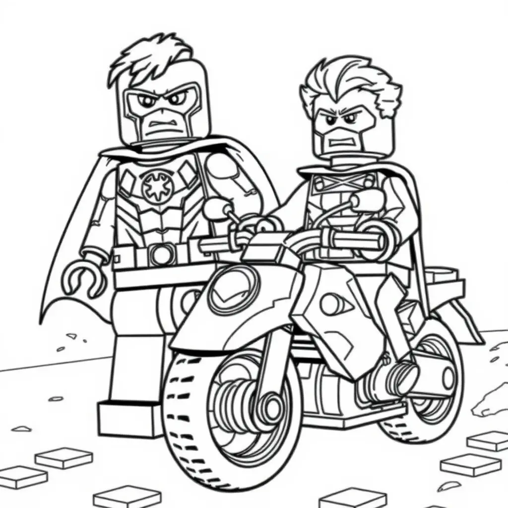 Ausmalbild Spiderman auf dem Motorrad mit Batman zum Ausdrucken