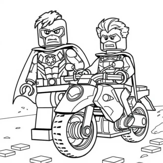 Kleurplaat Spiderman op motor met Batman om te printen