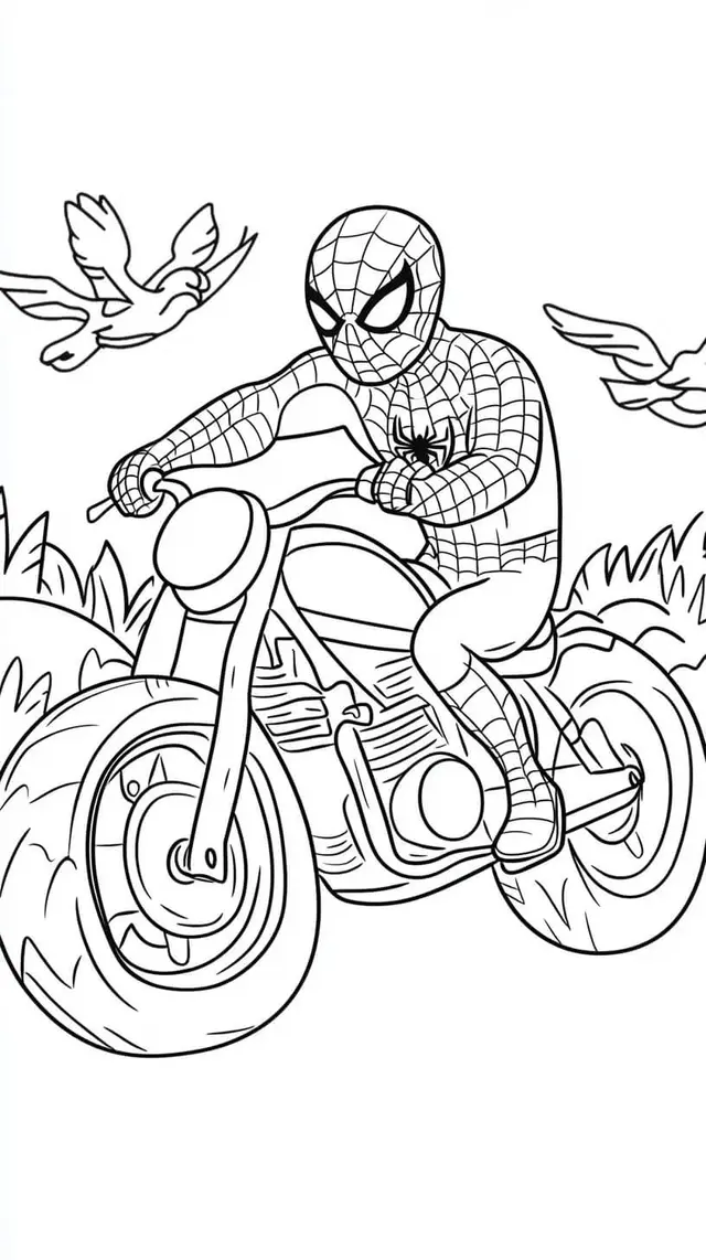Kleurplaat Spiderman op een motor met vogels op de achtergrond om te printen