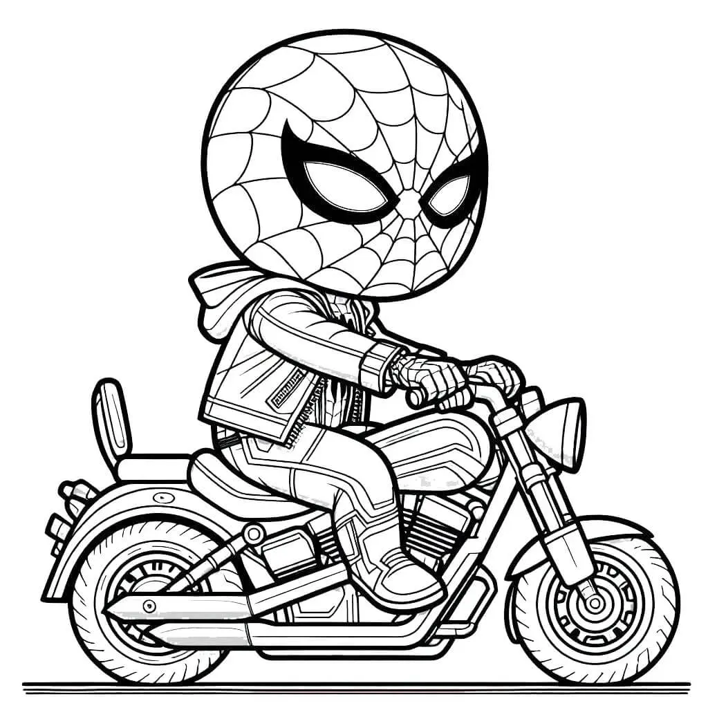 Ausmalbild Spiderman auf einem Chopper-Motorrad zum Ausdrucken