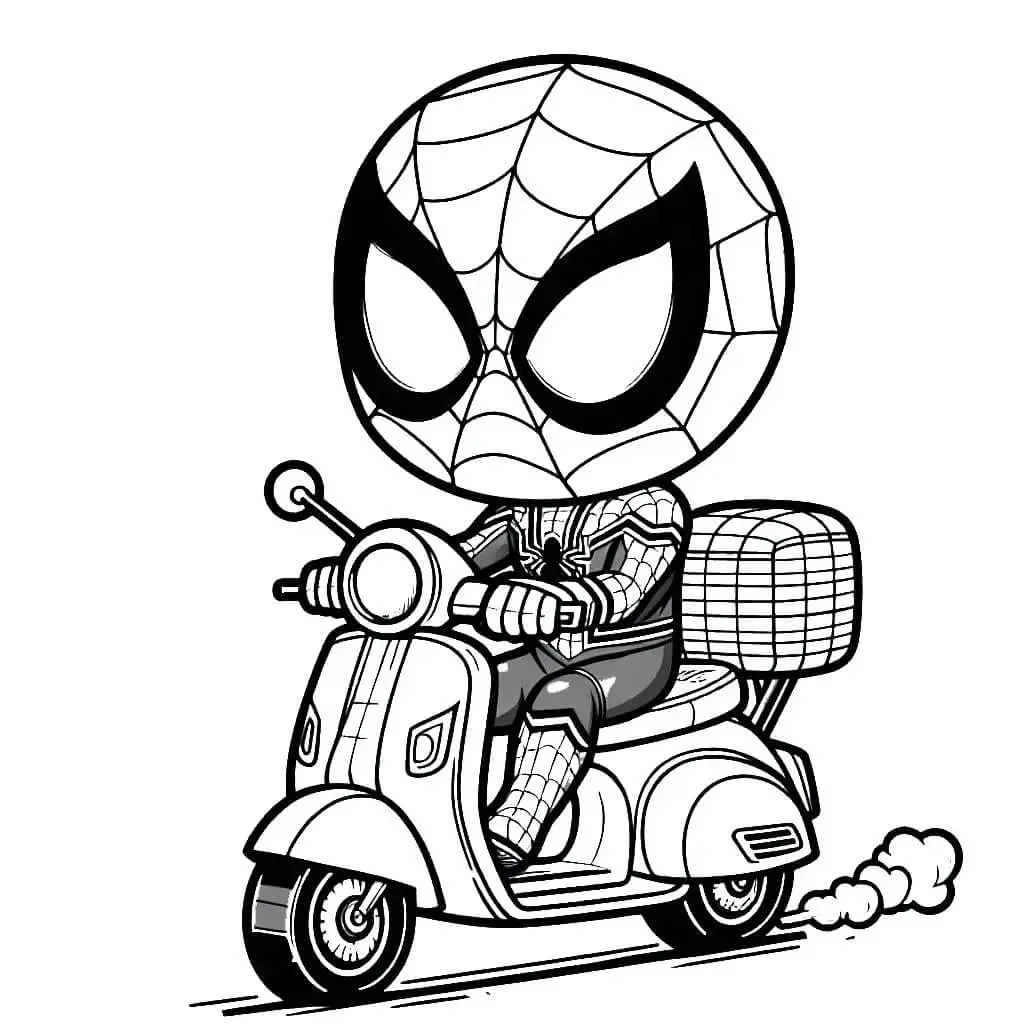 Ausmalbild Spiderman auf dem Scooter – Monochrom zum Ausdrucken