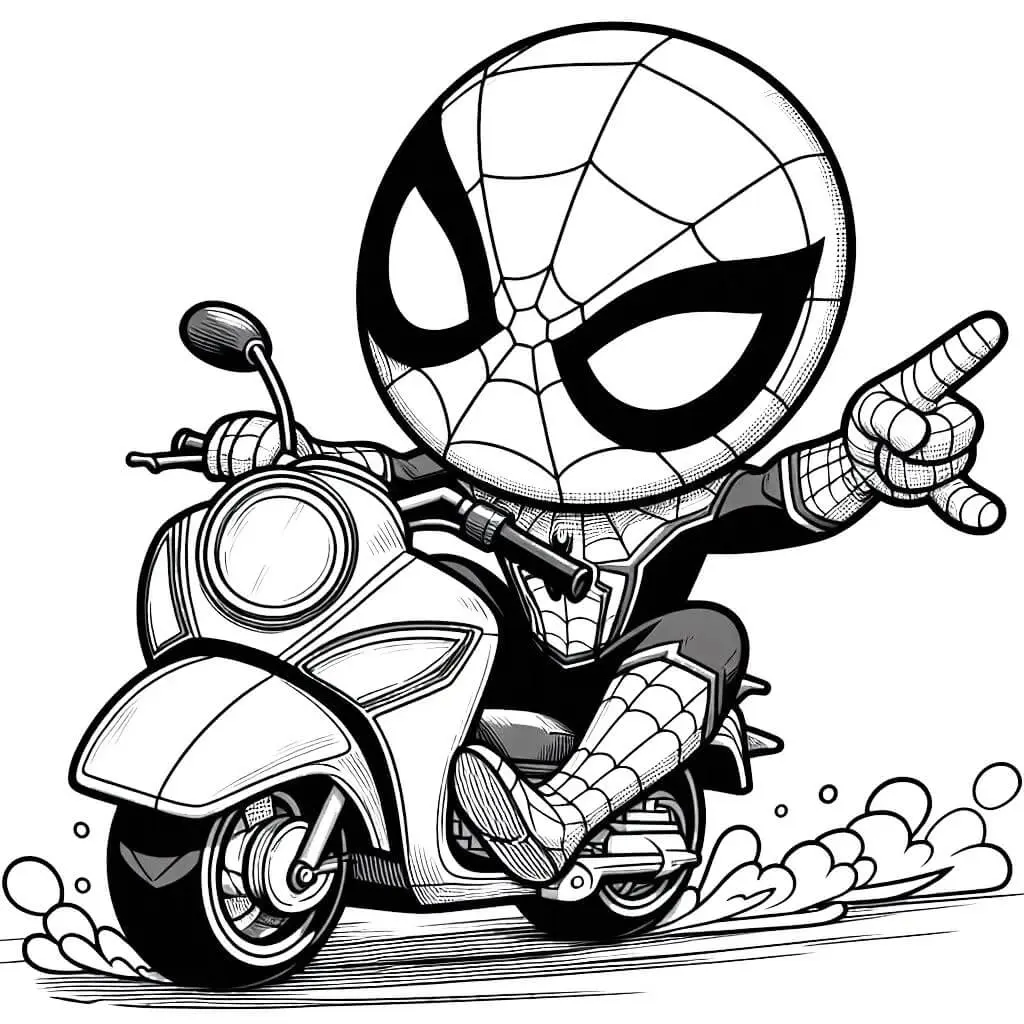 Spider-Man on a Scooter Pointing His Finger coloring page to print