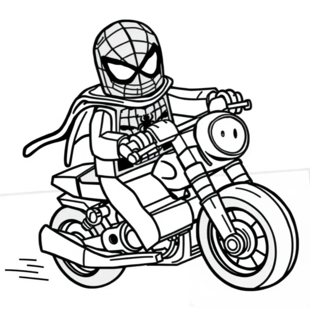 Kleurplaat Spidey op zijn LEGO-motor – Avontuur op volle snelheid om te printen