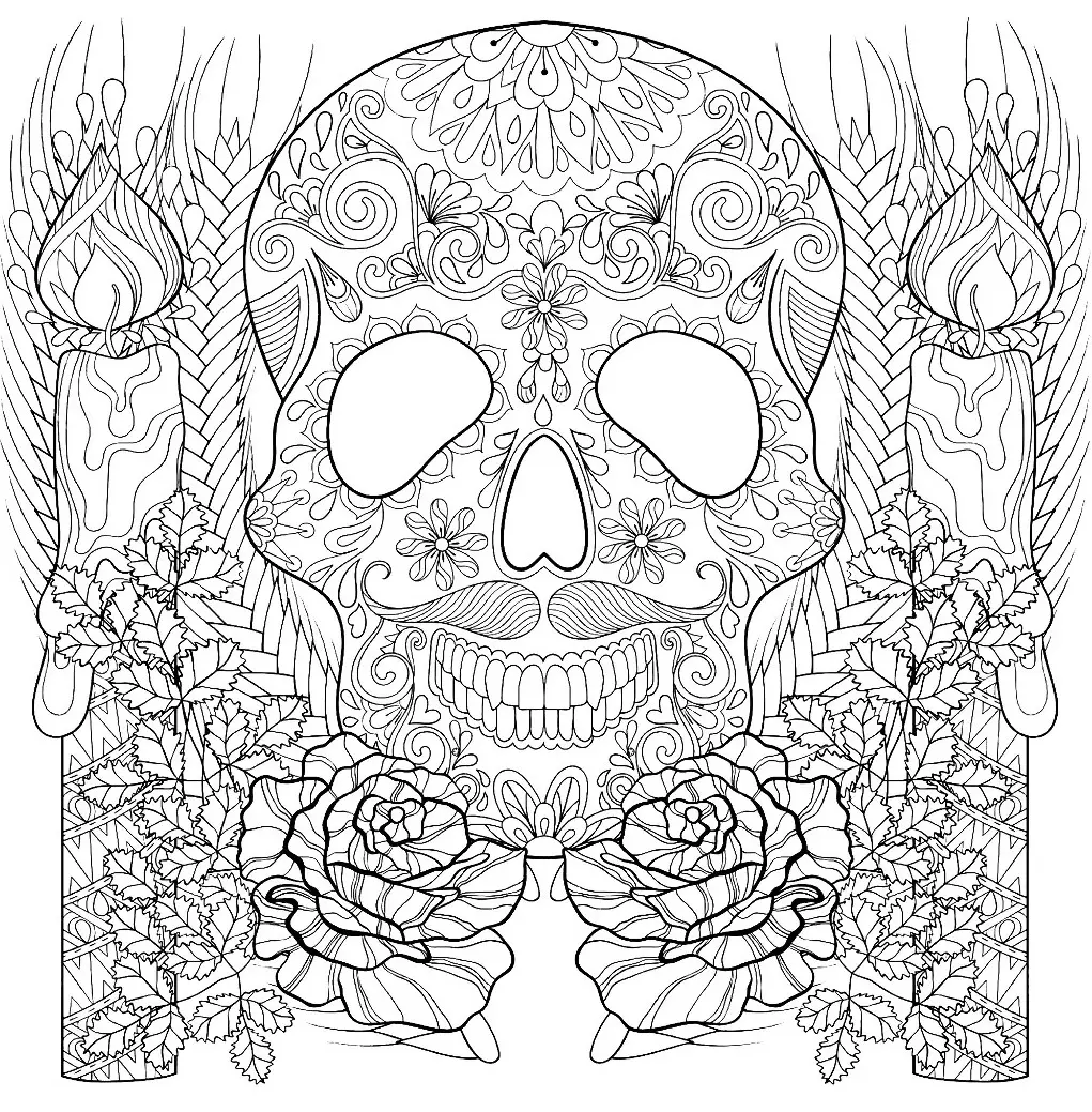 Desenho de Esqueleto e Velas de Halloween para Adultos para colorir