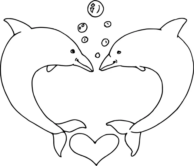 Ausmalbild Delfin mit Herz zum Valentinstag zum Ausdrucken
